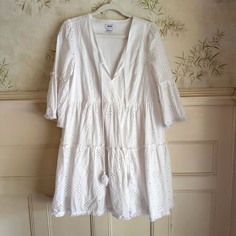 MAP White Eyelet Babydoll Tiered Dress Bell Sleeve Boho Cotagecore Medium
